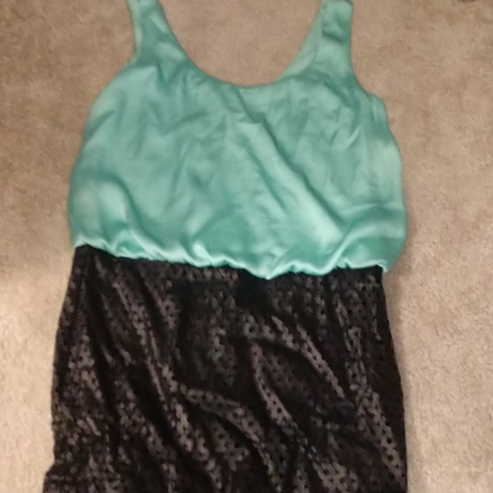 Turquoise/blue mini dress: satin/leather